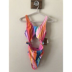 NWT Hobie Girls Size 14 Multicolored Stripe Swimsuit One Piece Tie Side Cutout